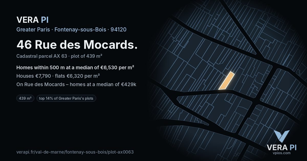 46 Rue des Mocards, Fontenay-sous-Bois at night – the plot lit, the parcels around coloured by the prices near them