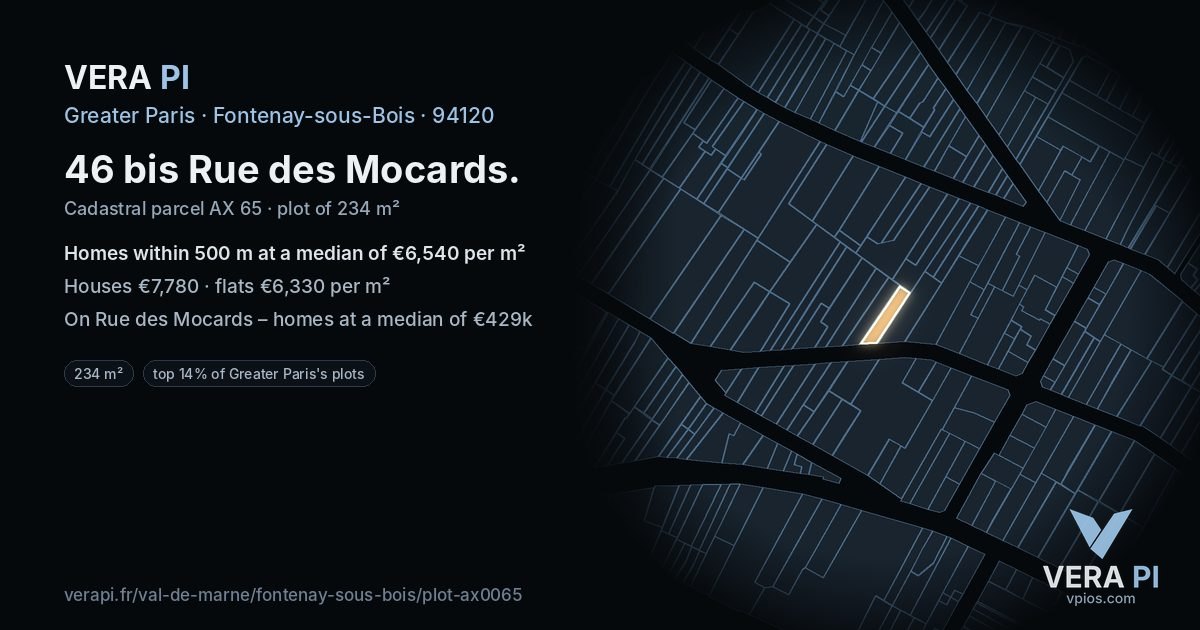 46 bis Rue des Mocards, Fontenay-sous-Bois at night – the plot lit, the parcels around coloured by the prices near them