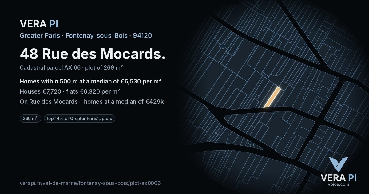 48 Rue des Mocards, Fontenay-sous-Bois at night – the plot lit, the parcels around coloured by the prices near them