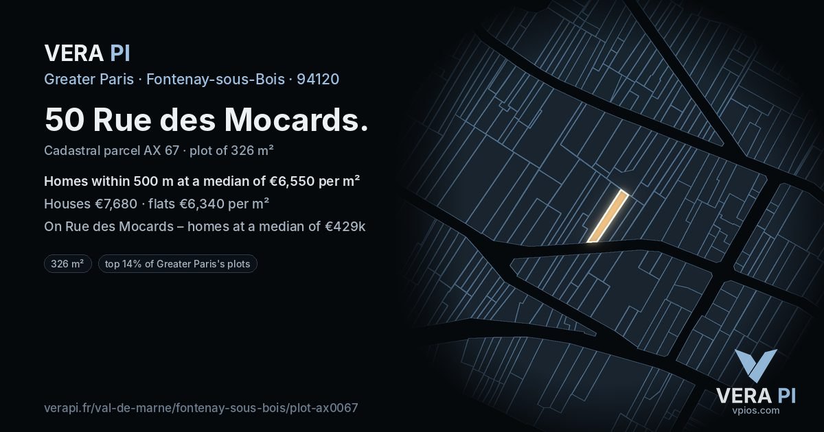 50 Rue des Mocards, Fontenay-sous-Bois at night – the plot lit, the parcels around coloured by the prices near them