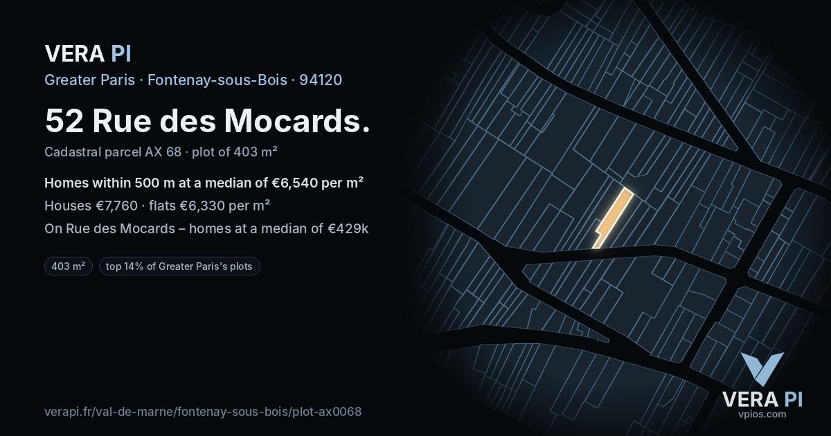 52 Rue des Mocards, Fontenay-sous-Bois at night – the plot lit, the parcels around coloured by the prices near them