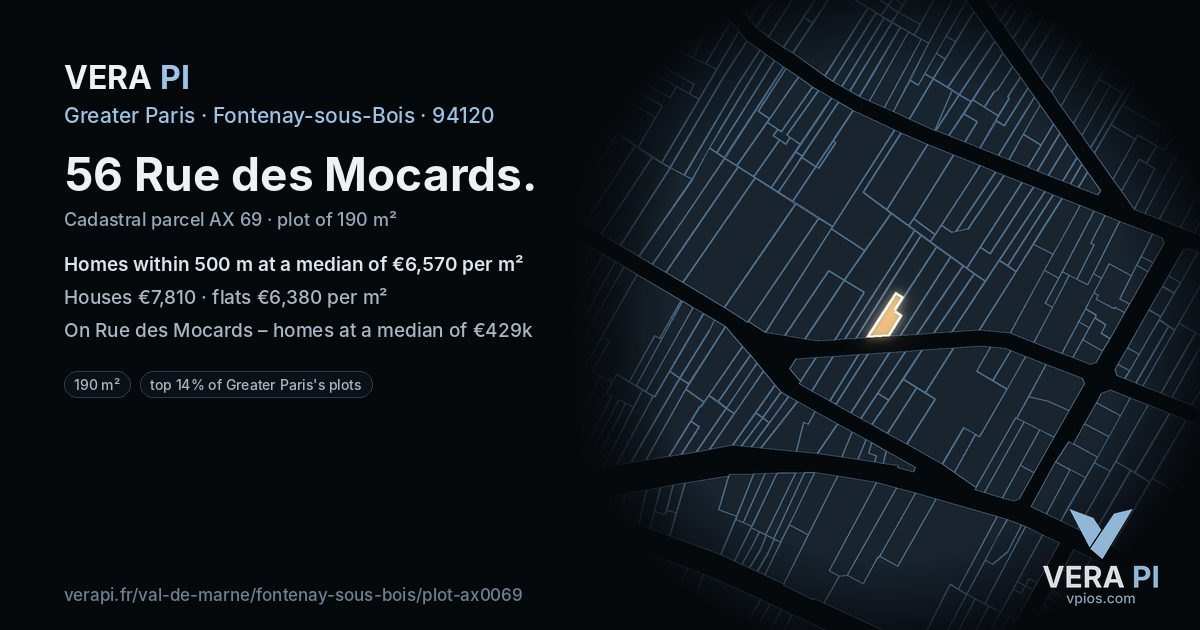 56 Rue des Mocards, Fontenay-sous-Bois at night – the plot lit, the parcels around coloured by the prices near them