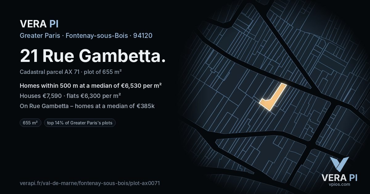 21 Rue Gambetta, Fontenay-sous-Bois at night – the plot lit, the parcels around coloured by the prices near them