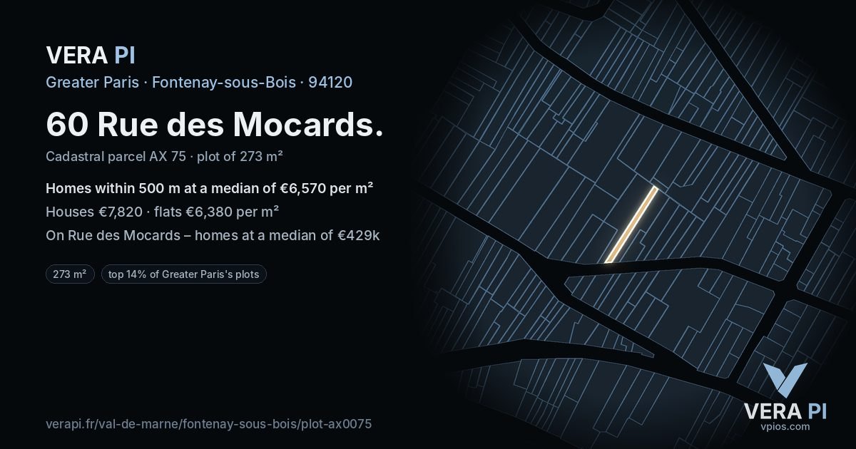 60 Rue des Mocards, Fontenay-sous-Bois at night – the plot lit, the parcels around coloured by the prices near them