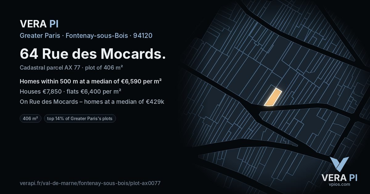 64 Rue des Mocards, Fontenay-sous-Bois at night – the plot lit, the parcels around coloured by the prices near them