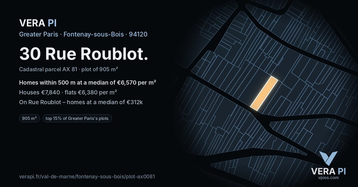 30 Rue Roublot, Fontenay-sous-Bois at night – the plot lit, the parcels around coloured by the prices near them
