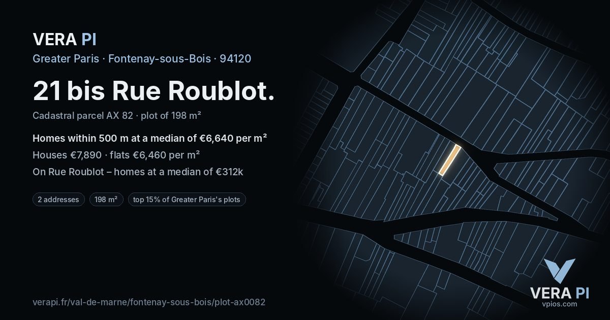 21 bis Rue Roublot, Fontenay-sous-Bois at night – the plot lit, the parcels around coloured by the prices near them