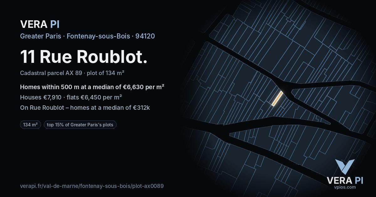 11 Rue Roublot, Fontenay-sous-Bois at night – the plot lit, the parcels around coloured by the prices near them