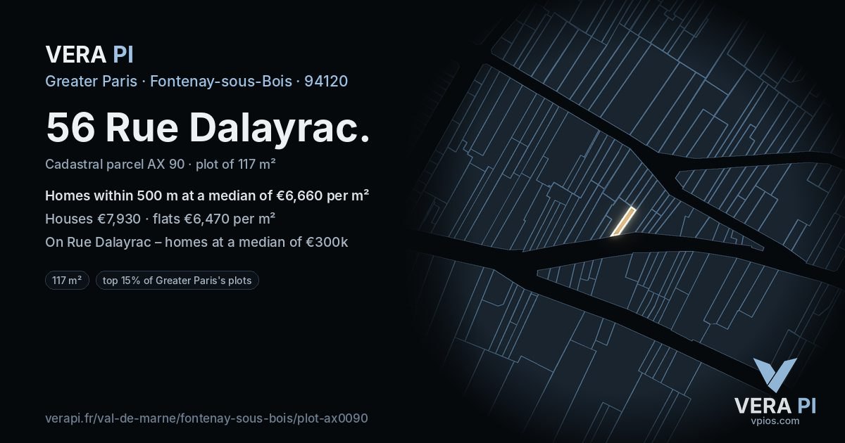56 Rue Dalayrac, Fontenay-sous-Bois at night – the plot lit, the parcels around coloured by the prices near them