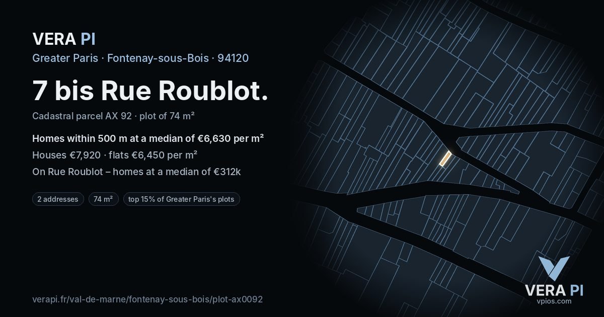 7 bis Rue Roublot, Fontenay-sous-Bois at night – the plot lit, the parcels around coloured by the prices near them