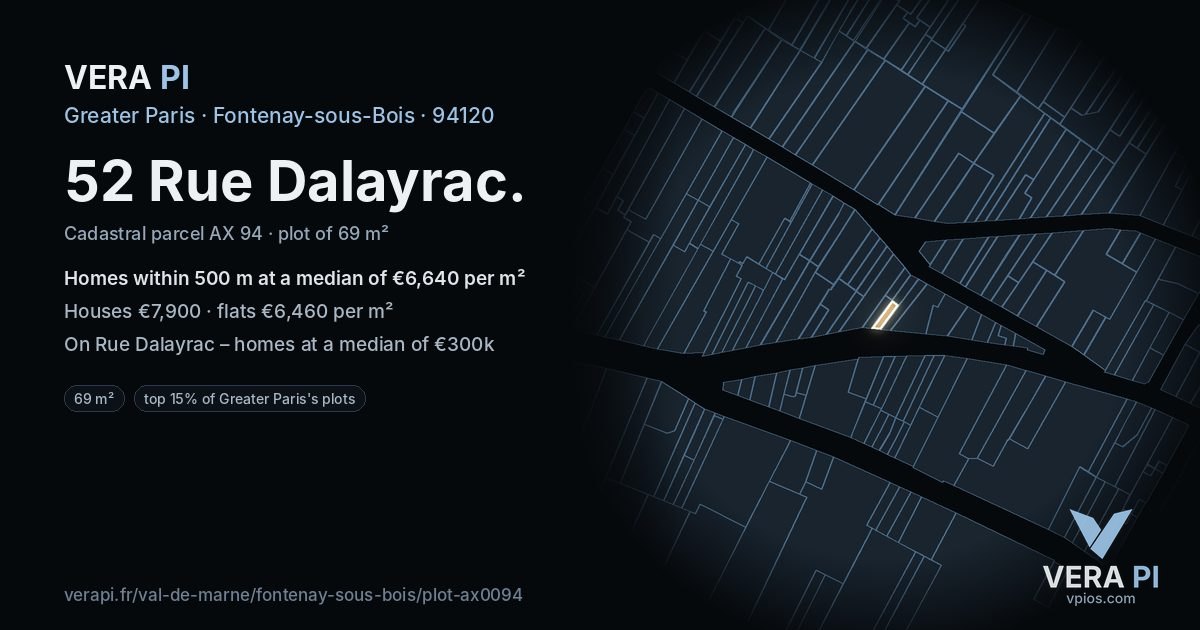 52 Rue Dalayrac, Fontenay-sous-Bois at night – the plot lit, the parcels around coloured by the prices near them