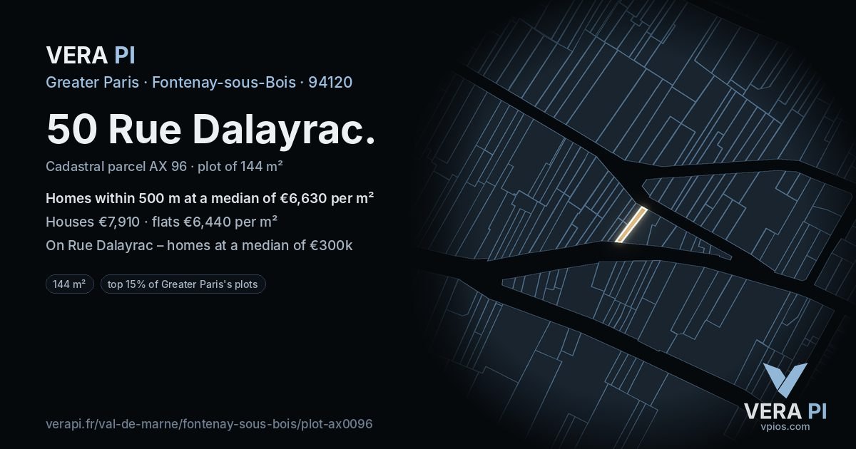 50 Rue Dalayrac, Fontenay-sous-Bois at night – the plot lit, the parcels around coloured by the prices near them