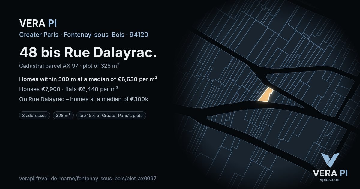 48 bis Rue Dalayrac, Fontenay-sous-Bois at night – the plot lit, the parcels around coloured by the prices near them