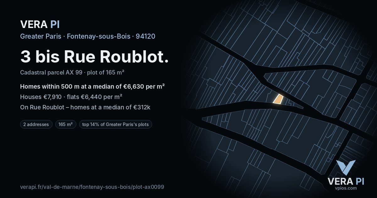 3 bis Rue Roublot, Fontenay-sous-Bois at night – the plot lit, the parcels around coloured by the prices near them