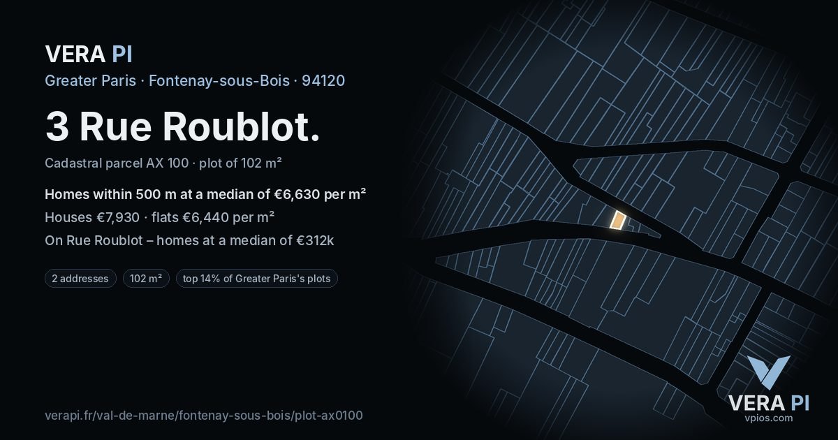 3 Rue Roublot, Fontenay-sous-Bois at night – the plot lit, the parcels around coloured by the prices near them