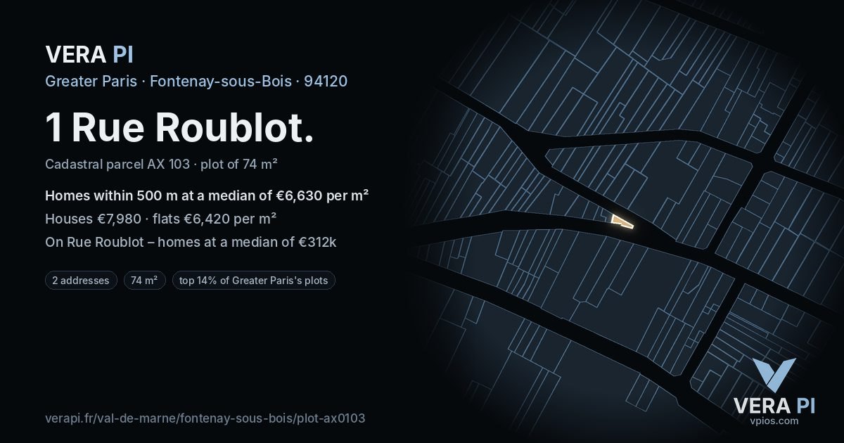 1 Rue Roublot, Fontenay-sous-Bois at night – the plot lit, the parcels around coloured by the prices near them