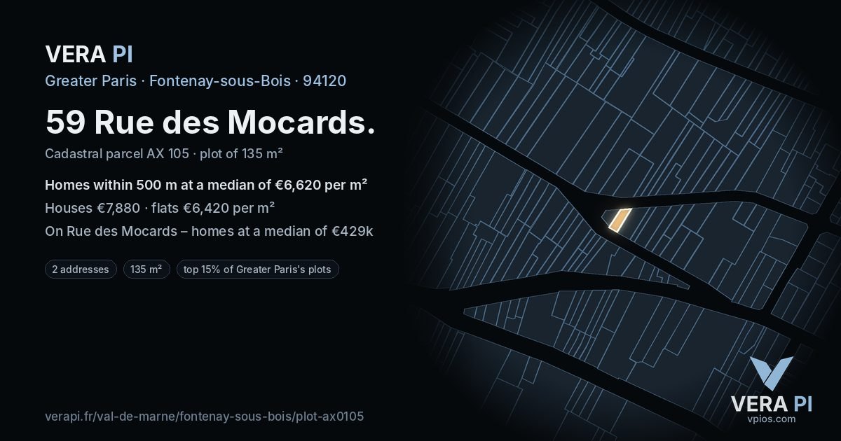 59 Rue des Mocards, Fontenay-sous-Bois at night – the plot lit, the parcels around coloured by the prices near them
