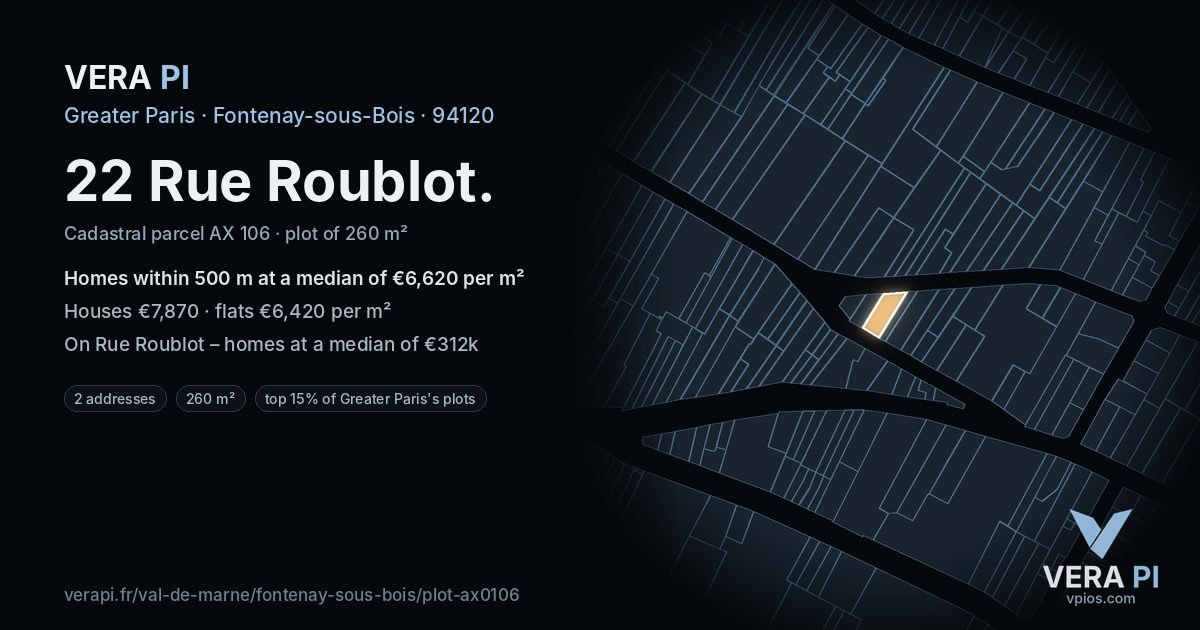 22 Rue Roublot, Fontenay-sous-Bois at night – the plot lit, the parcels around coloured by the prices near them