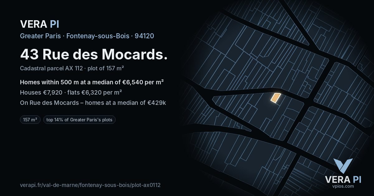 43 Rue des Mocards, Fontenay-sous-Bois at night – the plot lit, the parcels around coloured by the prices near them