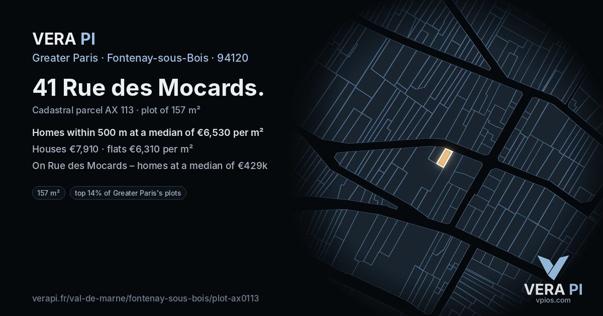 41 Rue des Mocards, Fontenay-sous-Bois at night – the plot lit, the parcels around coloured by the prices near them