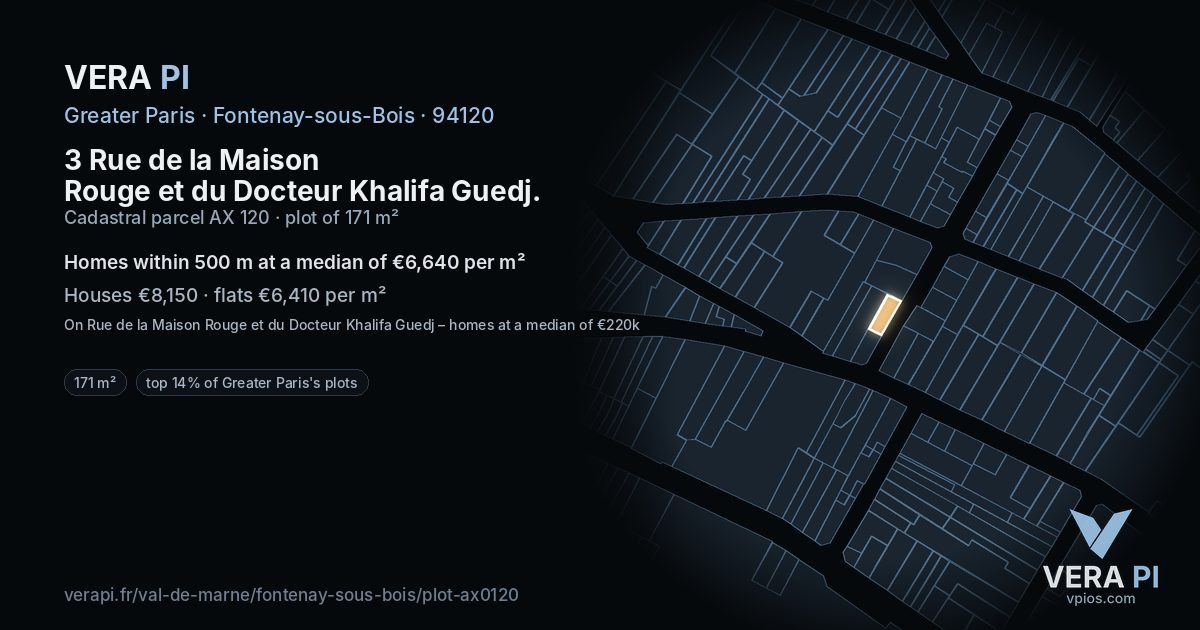 3 Rue de la Maison Rouge et du Docteur Khalifa Guedj, Fontenay-sous-Bois at night – the plot lit, the parcels around coloured by the prices near them