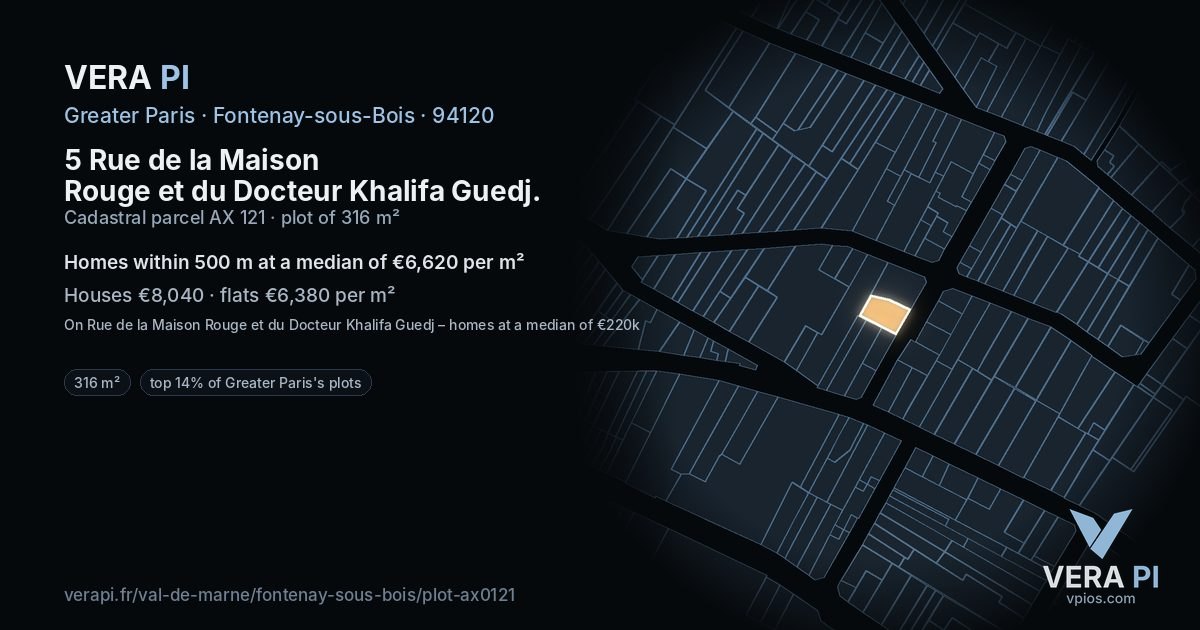 5 Rue de la Maison Rouge et du Docteur Khalifa Guedj, Fontenay-sous-Bois at night – the plot lit, the parcels around coloured by the prices near them