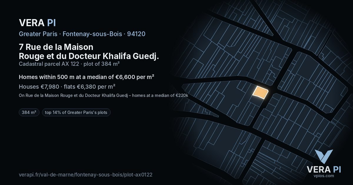 7 Rue de la Maison Rouge et du Docteur Khalifa Guedj, Fontenay-sous-Bois at night – the plot lit, the parcels around coloured by the prices near them
