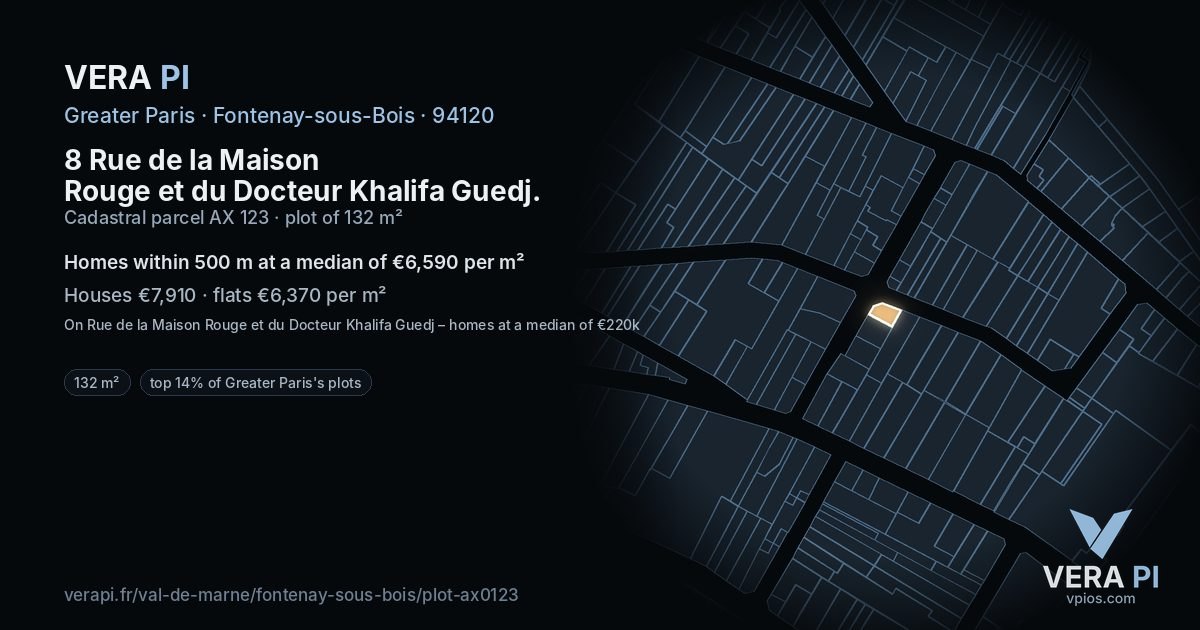 8 Rue de la Maison Rouge et du Docteur Khalifa Guedj, Fontenay-sous-Bois at night – the plot lit, the parcels around coloured by the prices near them