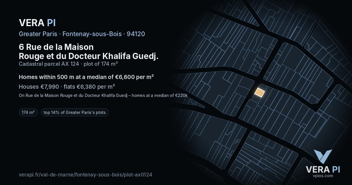 6 Rue de la Maison Rouge et du Docteur Khalifa Guedj, Fontenay-sous-Bois at night – the plot lit, the parcels around coloured by the prices near them