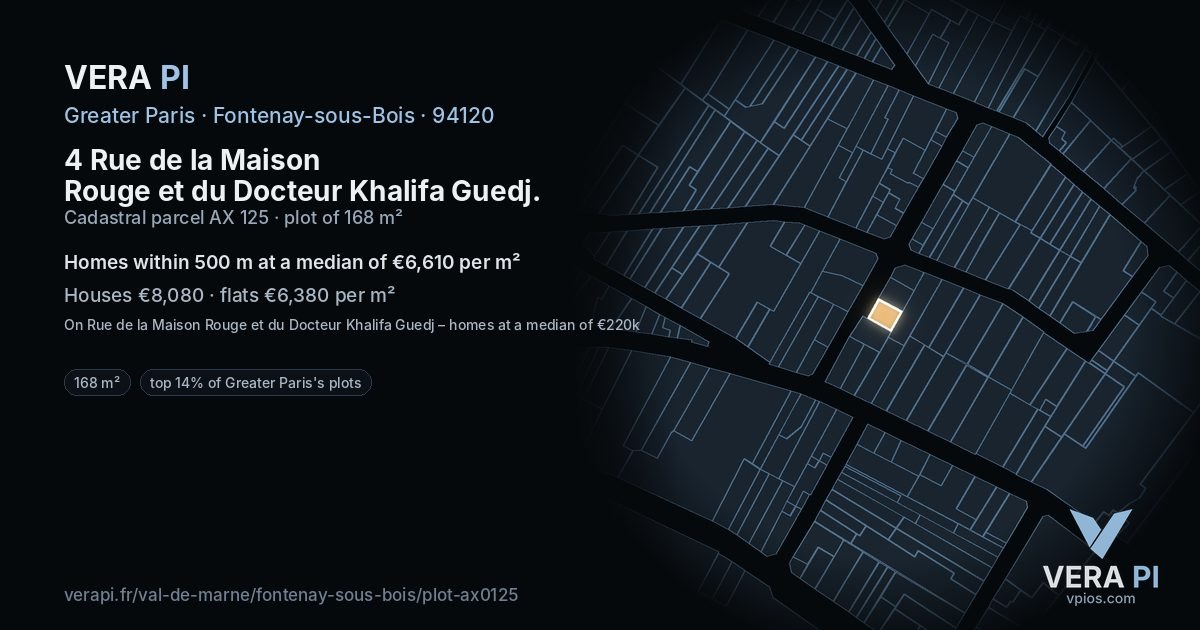 4 Rue de la Maison Rouge et du Docteur Khalifa Guedj, Fontenay-sous-Bois at night – the plot lit, the parcels around coloured by the prices near them