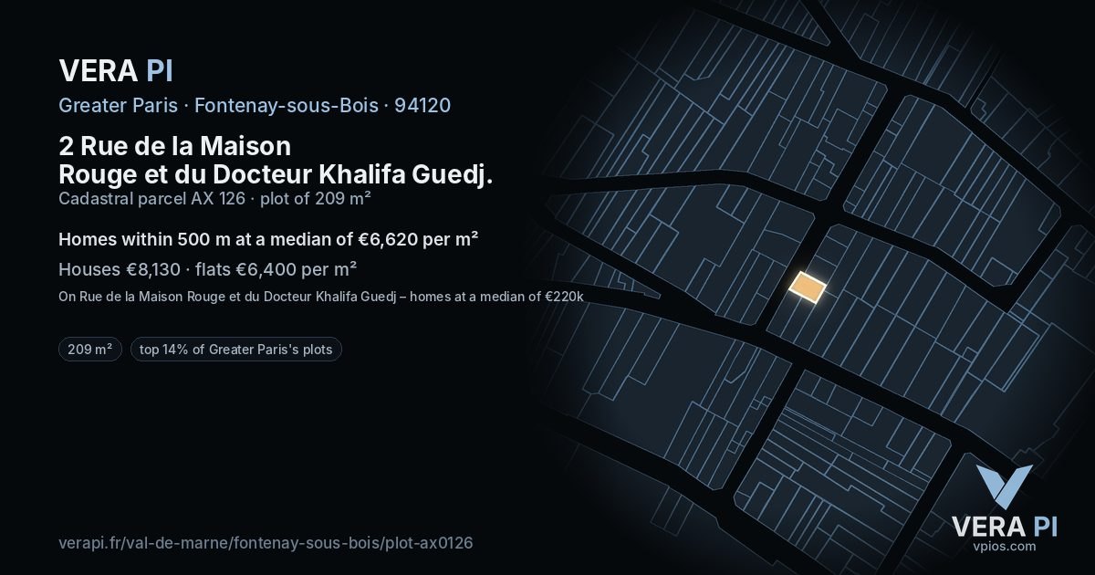 2 Rue de la Maison Rouge et du Docteur Khalifa Guedj, Fontenay-sous-Bois at night – the plot lit, the parcels around coloured by the prices near them