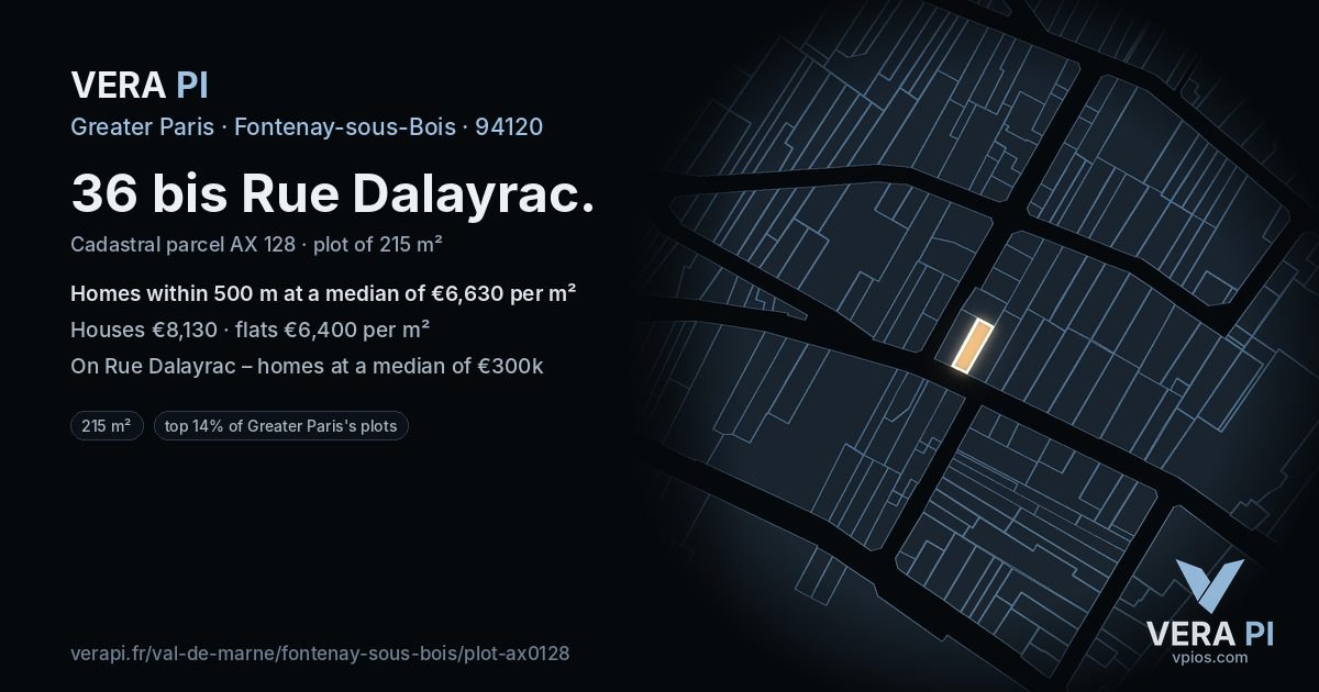 36 bis Rue Dalayrac, Fontenay-sous-Bois at night – the plot lit, the parcels around coloured by the prices near them