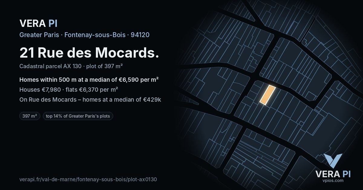 21 Rue des Mocards, Fontenay-sous-Bois at night – the plot lit, the parcels around coloured by the prices near them