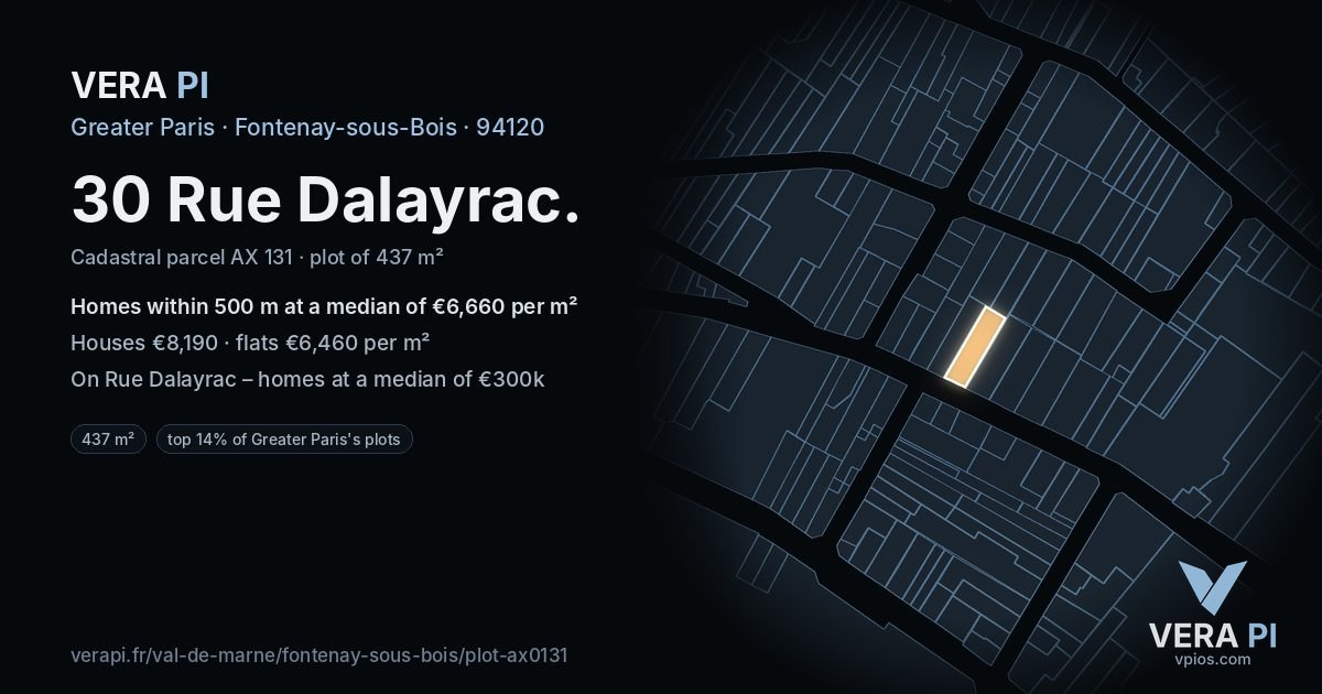 30 Rue Dalayrac, Fontenay-sous-Bois at night – the plot lit, the parcels around coloured by the prices near them