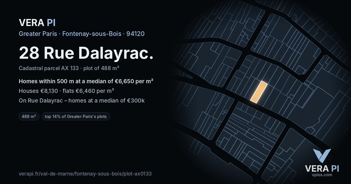 28 Rue Dalayrac, Fontenay-sous-Bois at night – the plot lit, the parcels around coloured by the prices near them