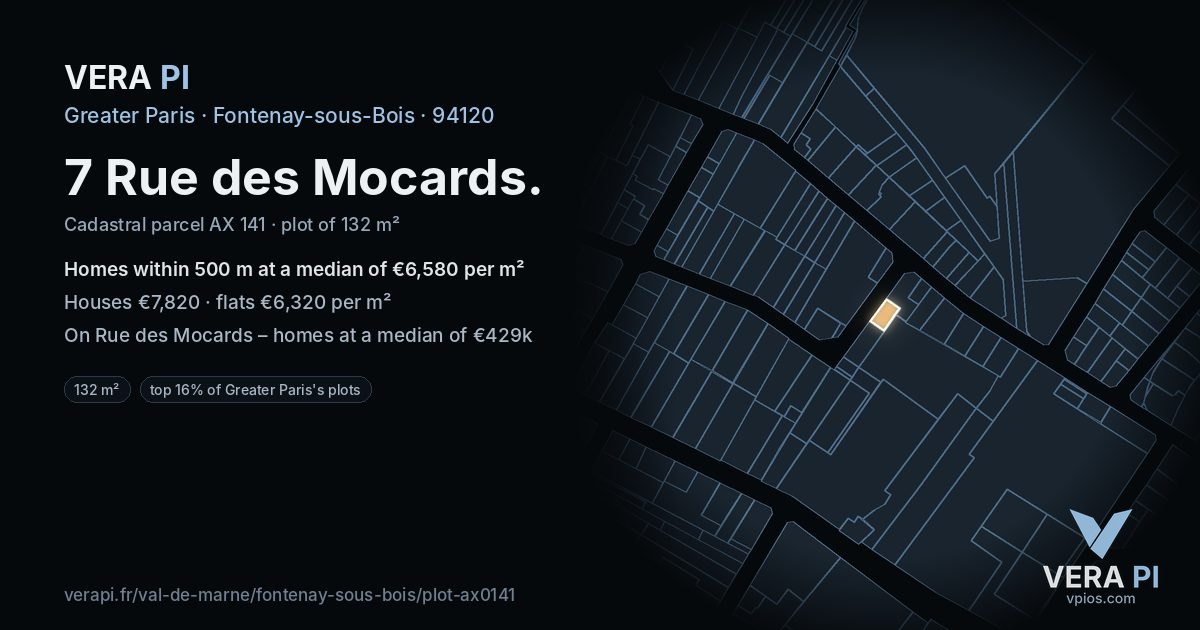 7 Rue des Mocards, Fontenay-sous-Bois at night – the plot lit, the parcels around coloured by the prices near them