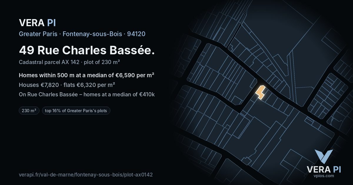 49 Rue Charles Bassée, Fontenay-sous-Bois at night – the plot lit, the parcels around coloured by the prices near them