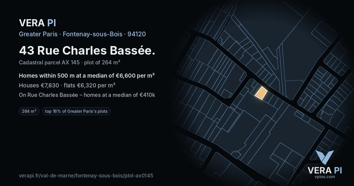 43 Rue Charles Bassée, Fontenay-sous-Bois at night – the plot lit, the parcels around coloured by the prices near them
