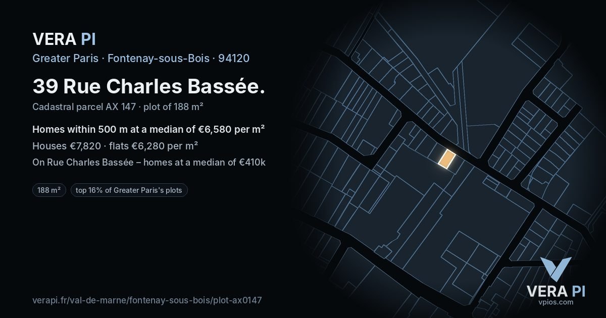 39 Rue Charles Bassée, Fontenay-sous-Bois at night – the plot lit, the parcels around coloured by the prices near them