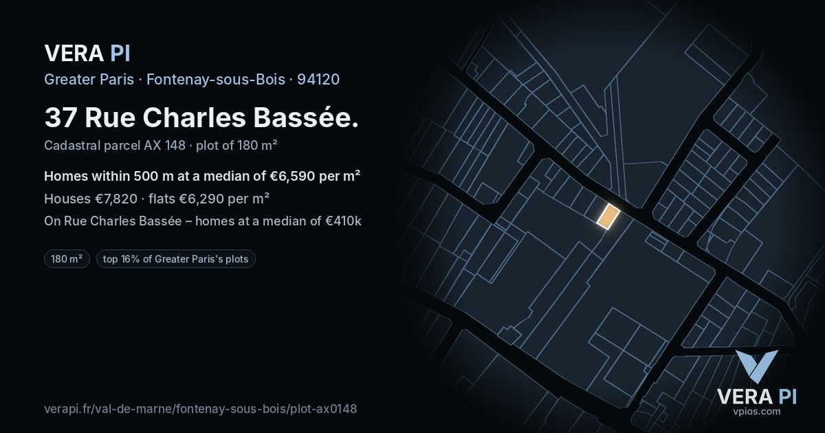 37 Rue Charles Bassée, Fontenay-sous-Bois at night – the plot lit, the parcels around coloured by the prices near them