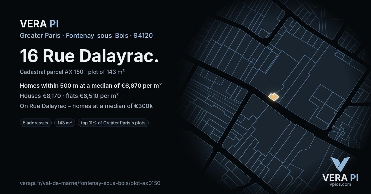 16 Rue Dalayrac, Fontenay-sous-Bois at night – the plot lit, the parcels around coloured by the prices near them