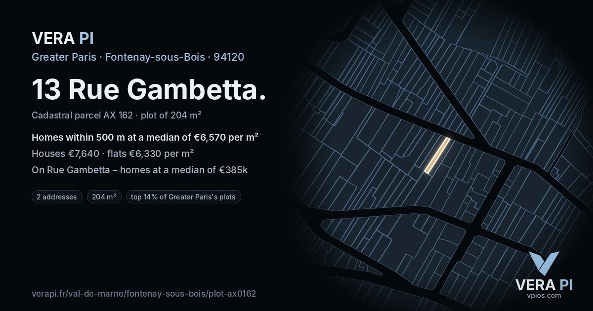 13 Rue Gambetta, Fontenay-sous-Bois at night – the plot lit, the parcels around coloured by the prices near them