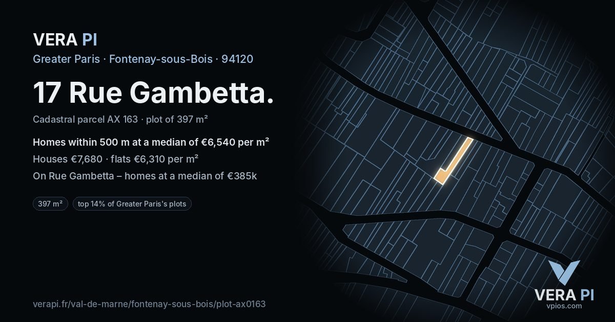 17 Rue Gambetta, Fontenay-sous-Bois at night – the plot lit, the parcels around coloured by the prices near them