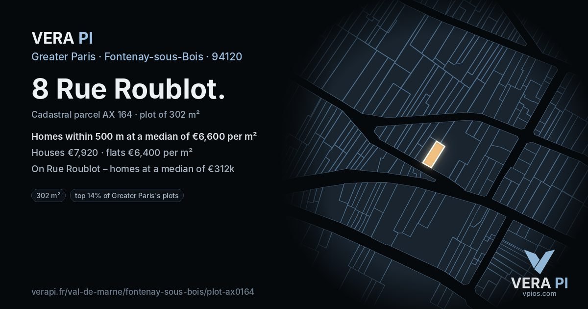 8 Rue Roublot, Fontenay-sous-Bois at night – the plot lit, the parcels around coloured by the prices near them