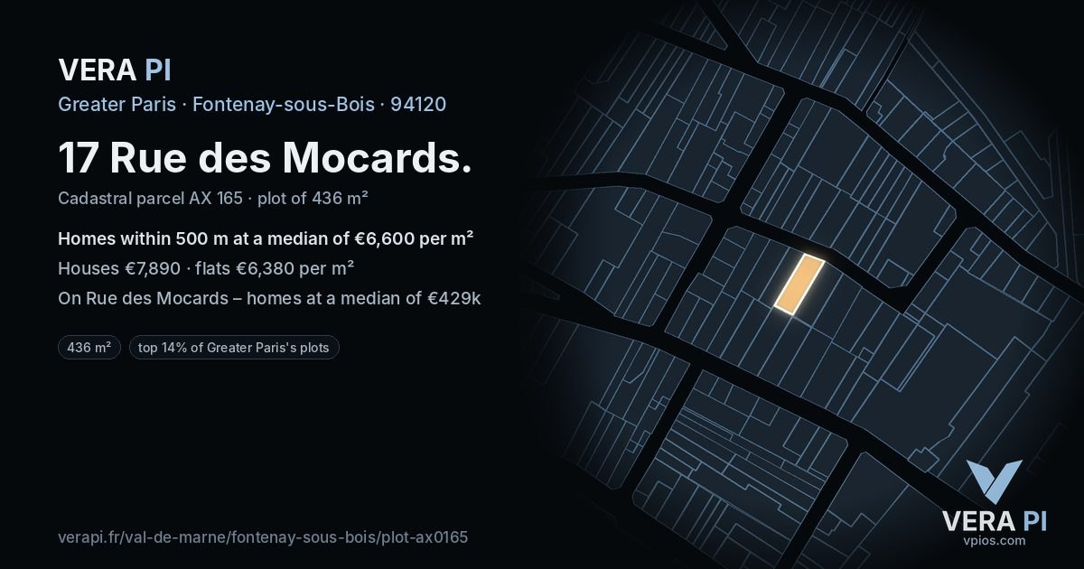 17 Rue des Mocards, Fontenay-sous-Bois at night – the plot lit, the parcels around coloured by the prices near them
