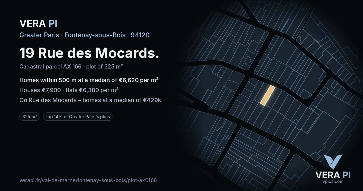 19 Rue des Mocards, Fontenay-sous-Bois at night – the plot lit, the parcels around coloured by the prices near them