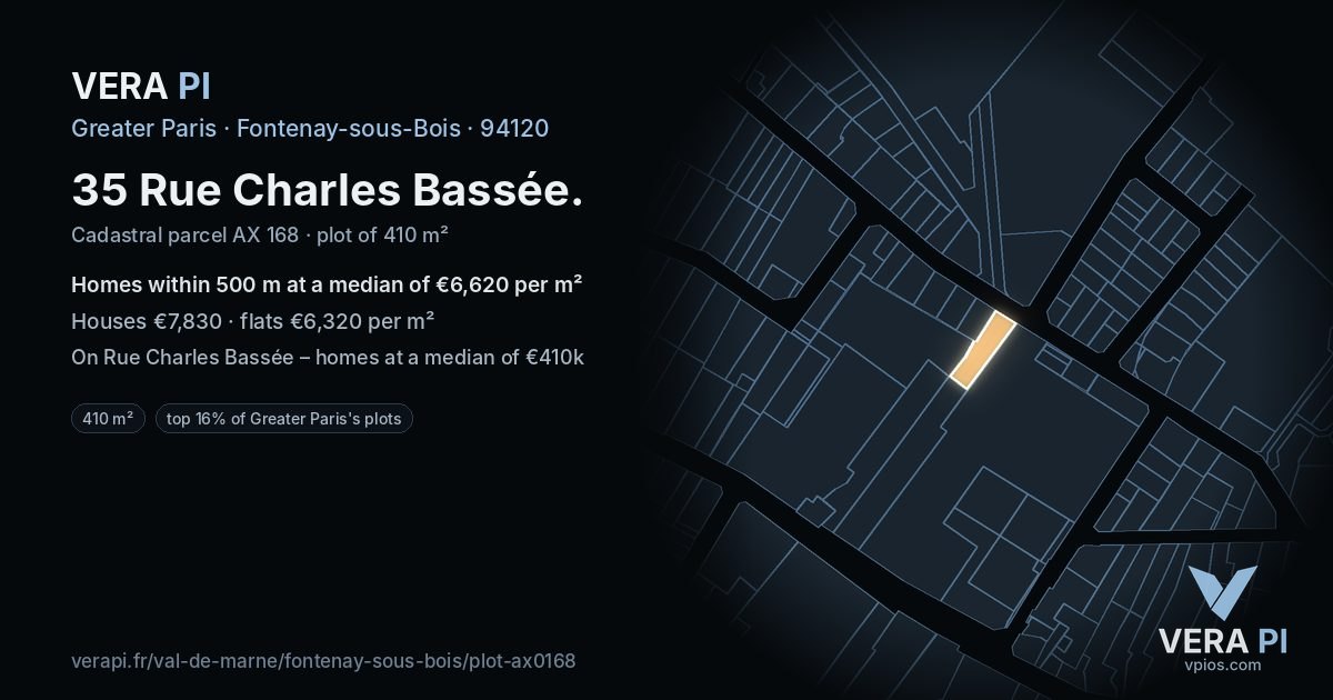 35 Rue Charles Bassée, Fontenay-sous-Bois at night – the plot lit, the parcels around coloured by the prices near them