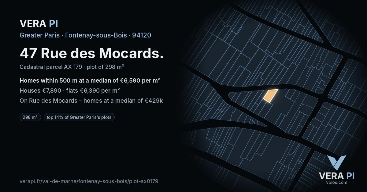 47 Rue des Mocards, Fontenay-sous-Bois at night – the plot lit, the parcels around coloured by the prices near them