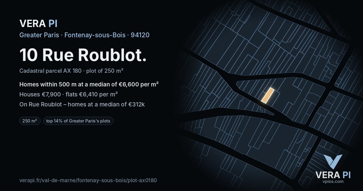 10 Rue Roublot, Fontenay-sous-Bois at night – the plot lit, the parcels around coloured by the prices near them