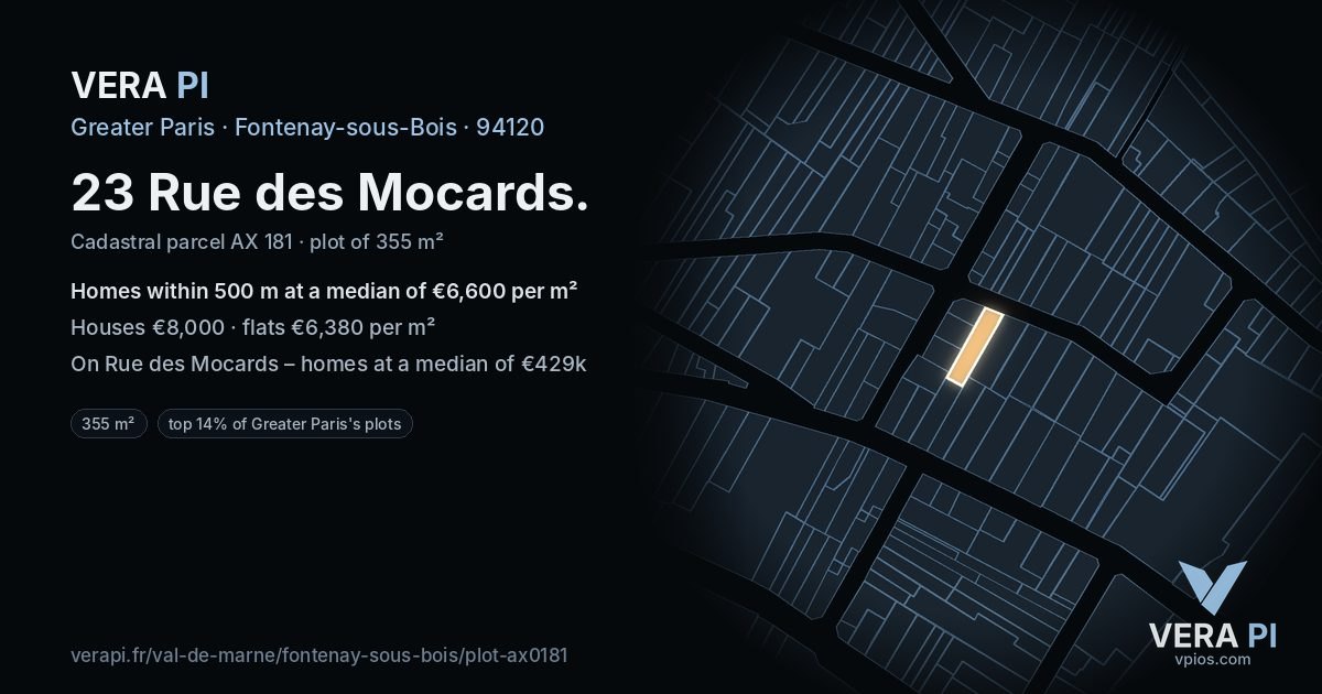 23 Rue des Mocards, Fontenay-sous-Bois at night – the plot lit, the parcels around coloured by the prices near them